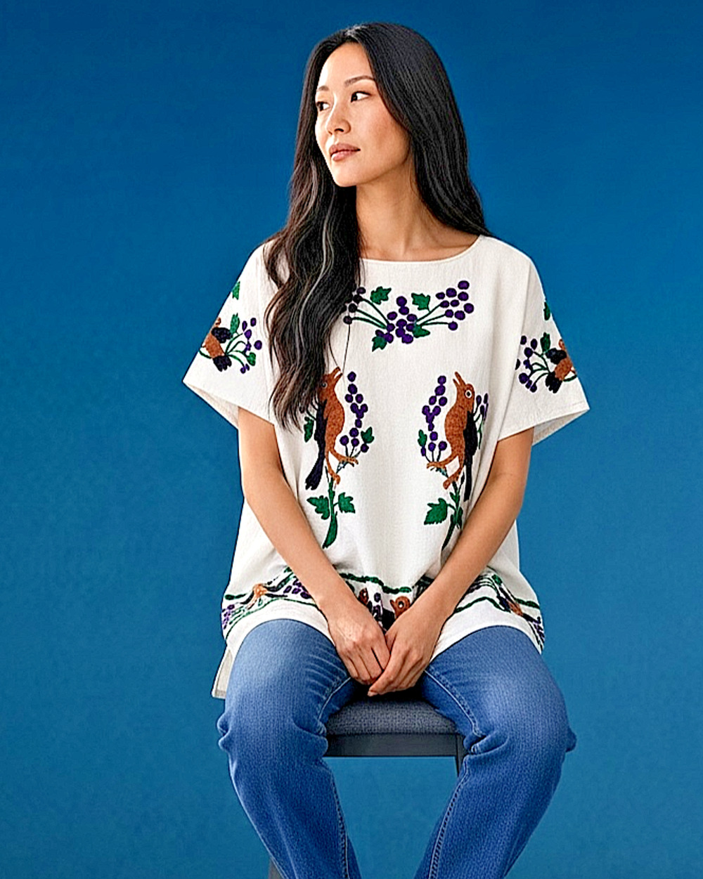 Vintage Embroidered Bird Blouse Tunic Oversized Folk Art Grapes Boho Huipil Vibe